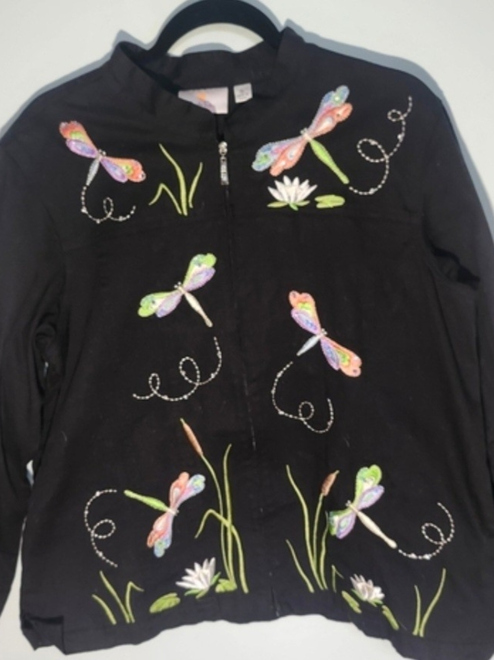 Quacker Factory Embroidered Dragonfly Jacket XL Black Whimsical Garden Art Wear